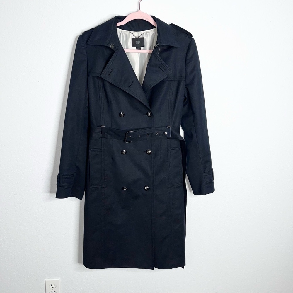 Banana Republic Trench Coat Women’s Large Black Mid Length Button Front Belted